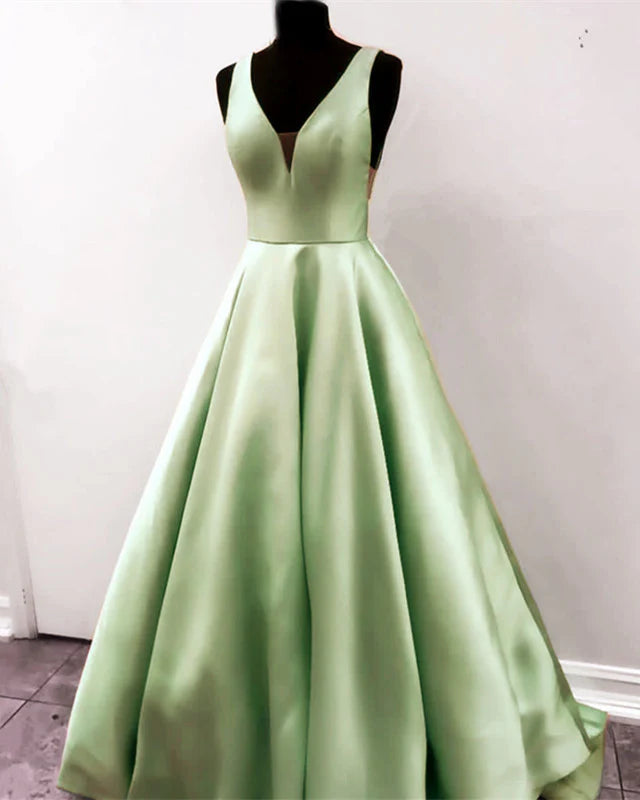 Simple V Neck Dresses Satin Ball Gown Prom Dresses